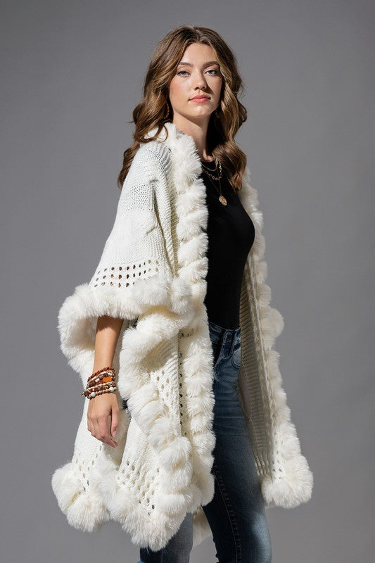 Vegan Fur Trimmed Cable Knit Woven Ruana Sweater