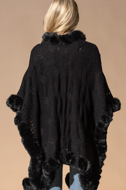 Vegan Fur Trimmed Cable Knit Woven Ruana Sweater