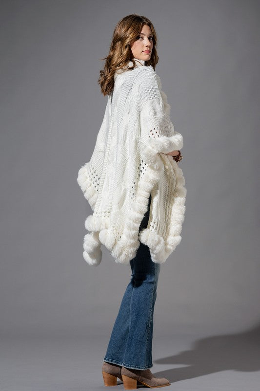 Vegan Fur Trimmed Cable Knit Woven Ruana Sweater