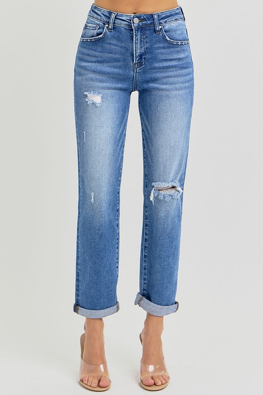 Denim High Rise Girlfriend Roll Up Jeans