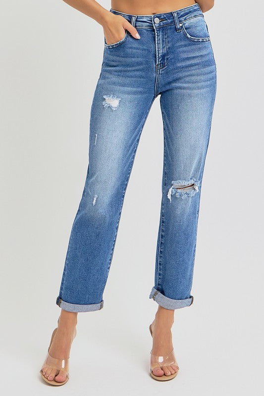 Denim High Rise Girlfriend Roll Up Jeans