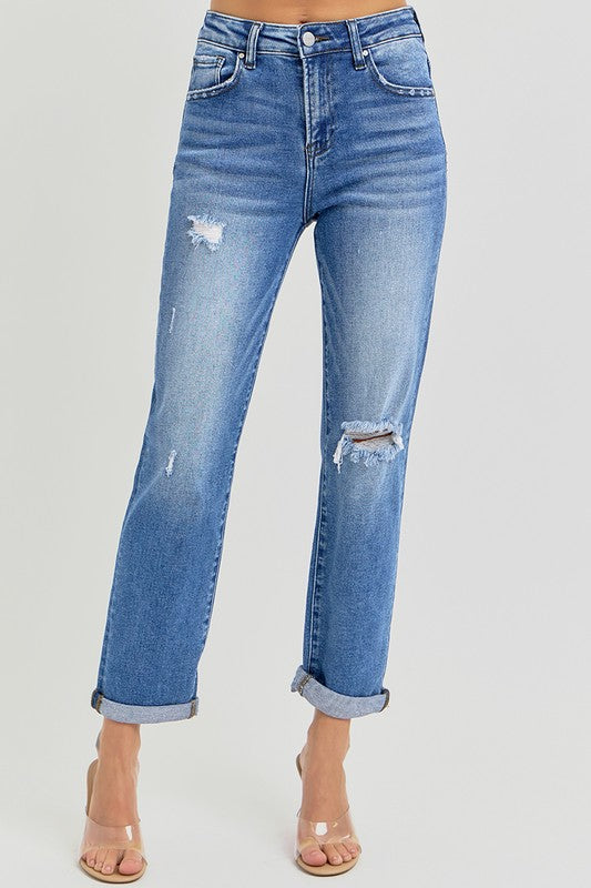 Denim High Rise Girlfriend Roll Up Jeans