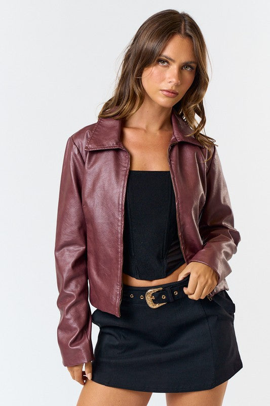 Burgundy Washed Vegan Leather Jacket