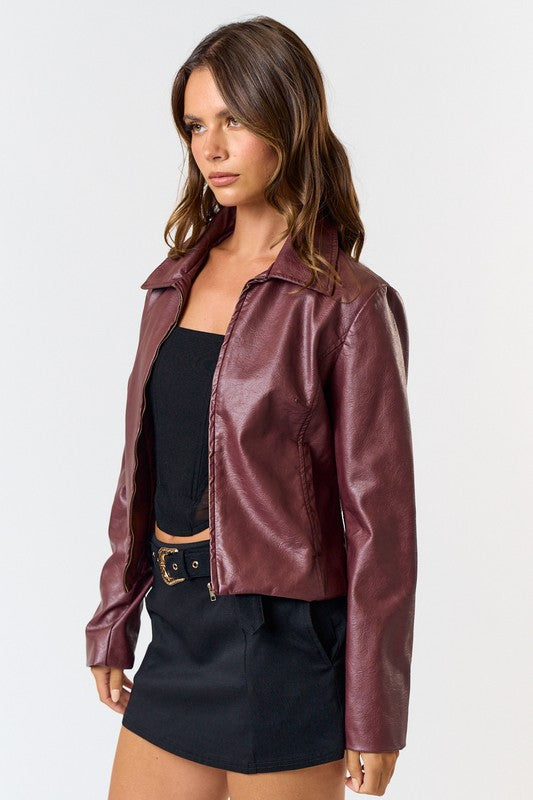 Burgundy Washed Vegan Leather Jacket