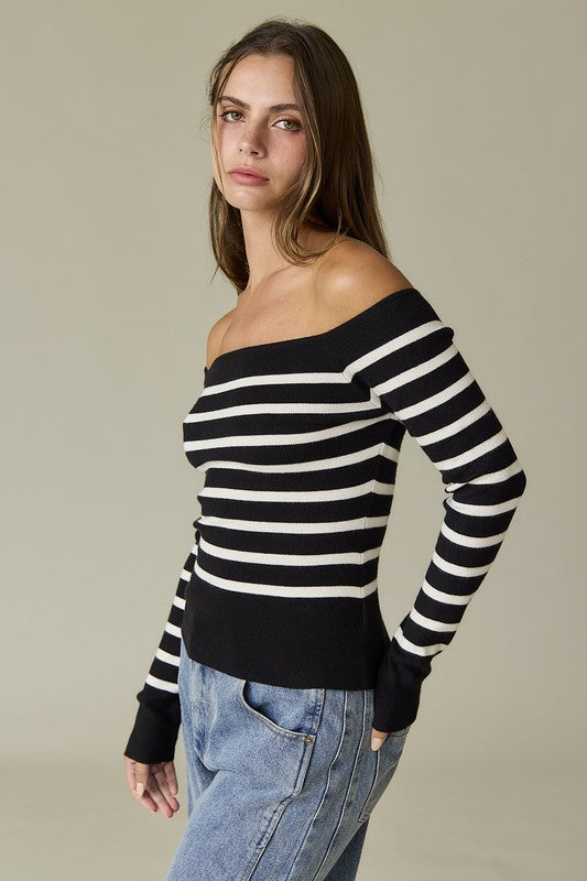 Bella Striped Off Shoulder Long Sleeve Knit Top