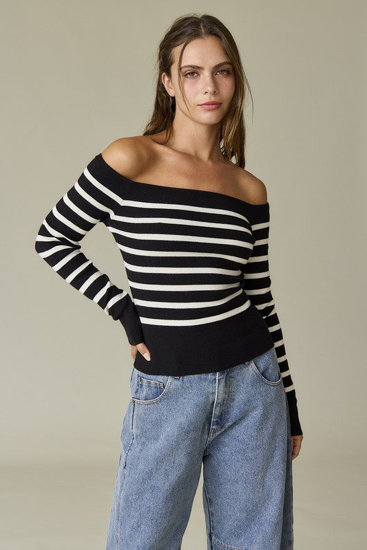 Bella Striped Off Shoulder Long Sleeve Knit Top - Final Sale