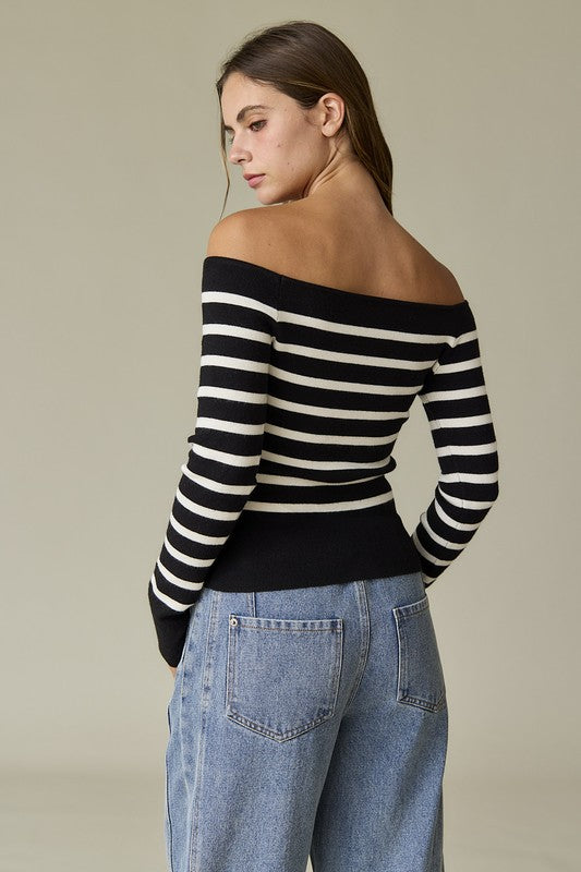 Bella Striped Off Shoulder Long Sleeve Knit Top - Final Sale