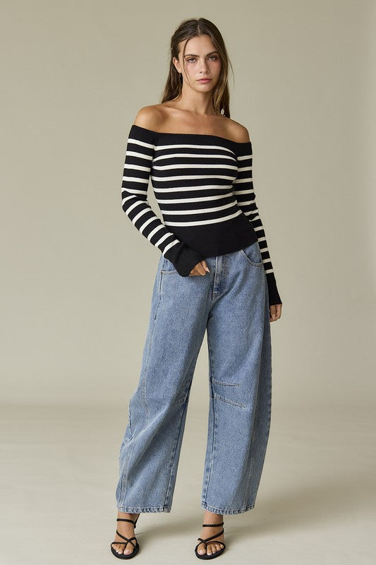 Bella Striped Off Shoulder Long Sleeve Knit Top