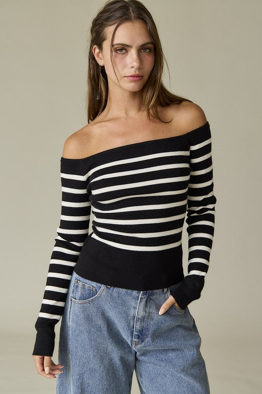 Bella Striped Off Shoulder Long Sleeve Knit Top - Final Sale