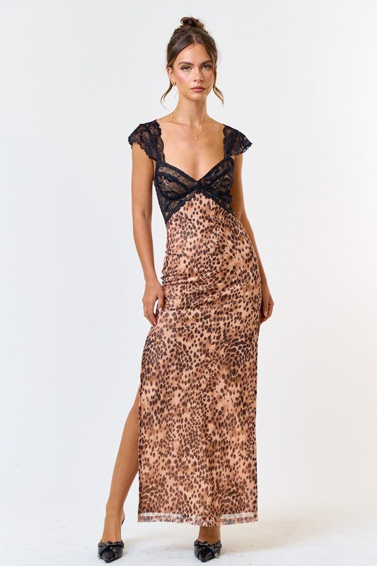 Leopard & Lace Side Slit Maxi Dress - Final Sale