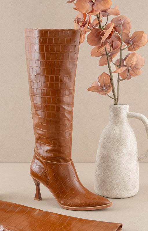 Balen Croc Print Stiletto Knee High Boots