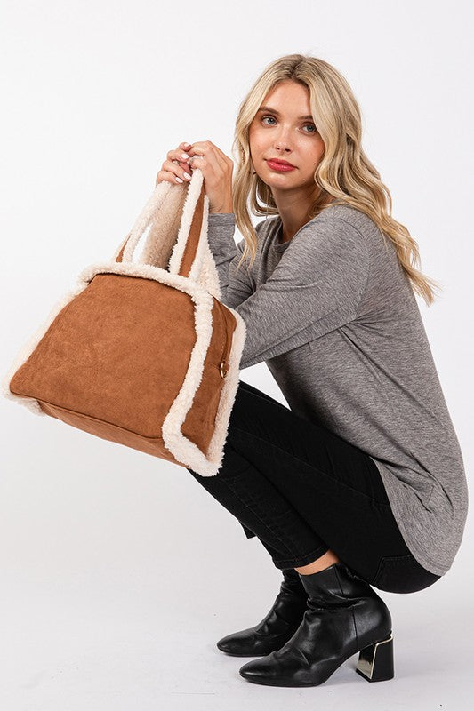 Sherpa Trimmed Crossbody Tote Bag