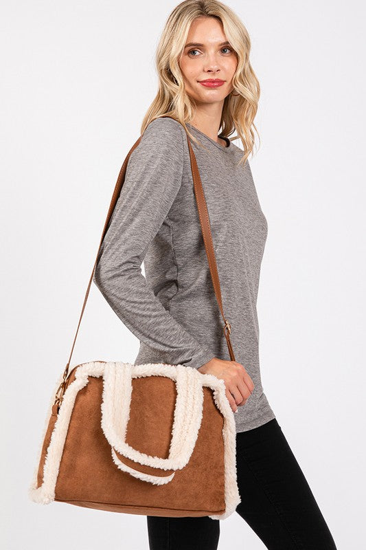 Sherpa Trimmed Crossbody Tote Bag