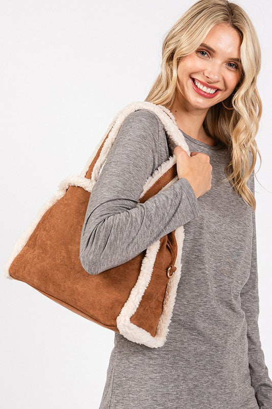 Sherpa Trimmed Crossbody Tote Bag