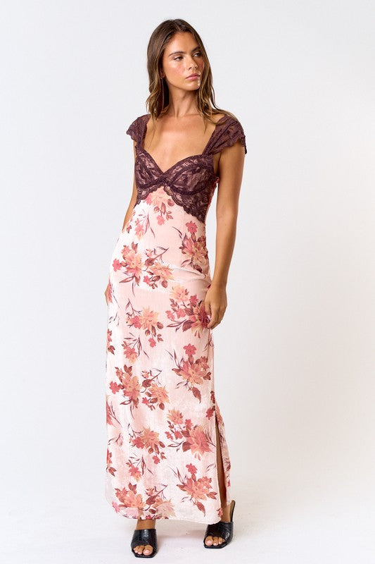 PREORDER - Burnout Velvet Lace Floral Maxi Dress