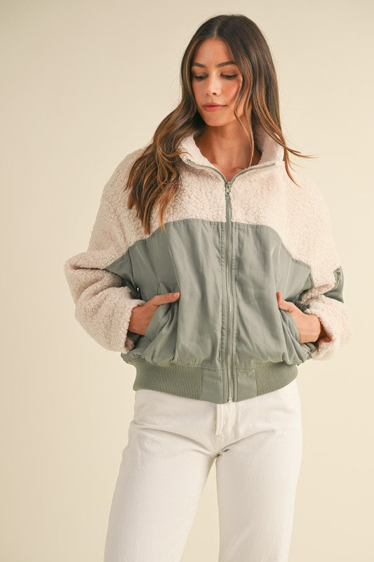 Sherpa Contrast Zip Up Bomber Jacket