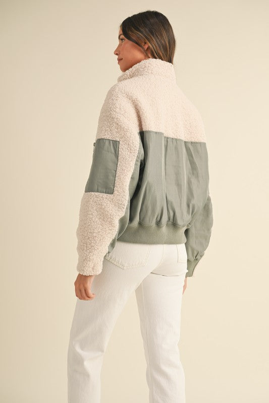 Sherpa Contrast Zip Up Bomber Jacket