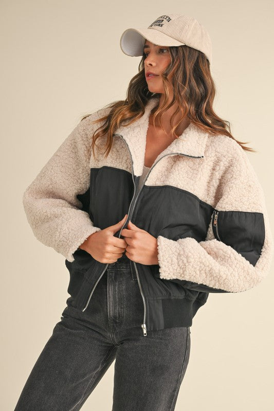 Sherpa Contrast Zip Up Bomber Jacket