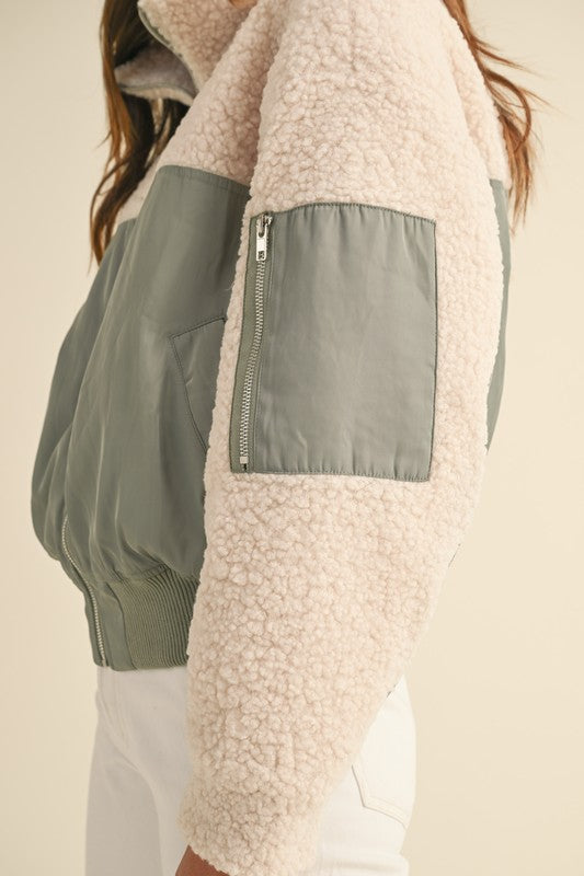 Sherpa Contrast Zip Up Bomber Jacket