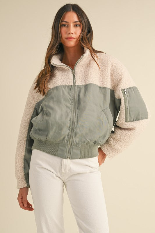 Sherpa Contrast Zip Up Bomber Jacket