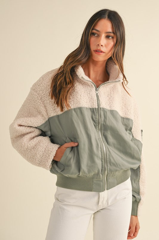 Sherpa Contrast Zip Up Bomber Jacket