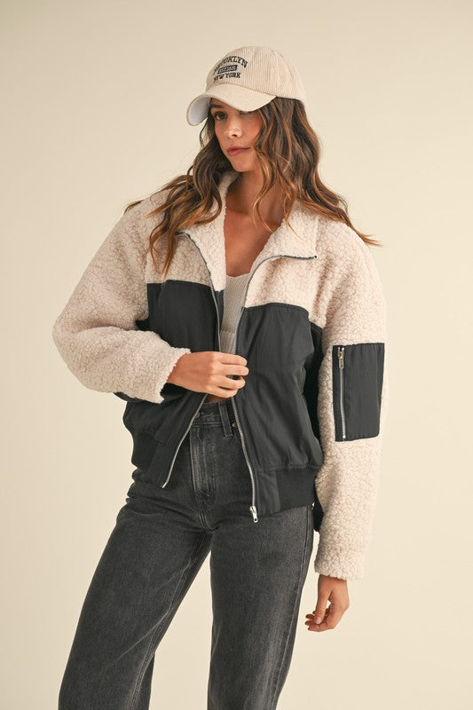 Sherpa Contrast Zip Up Bomber Jacket