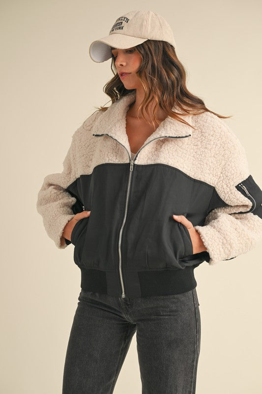 Sherpa Contrast Zip Up Bomber Jacket