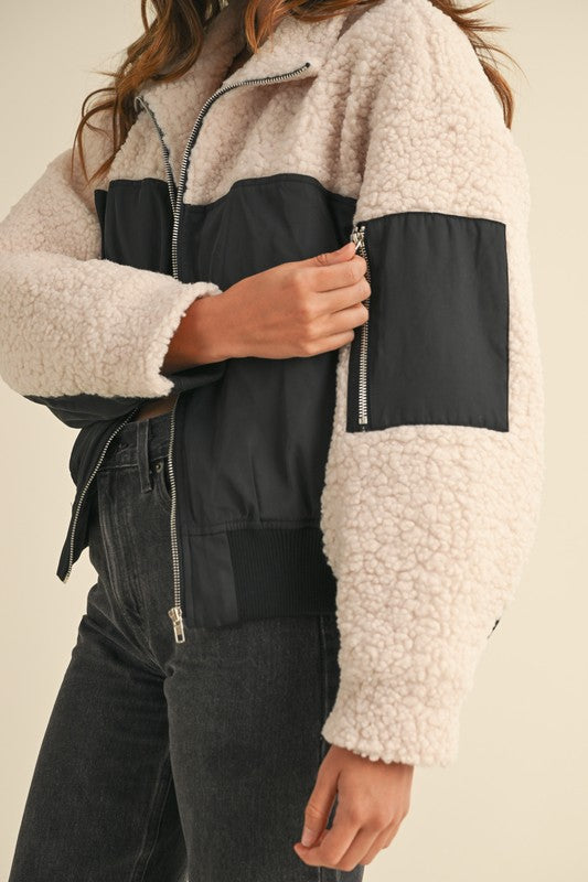 Sherpa Contrast Zip Up Bomber Jacket