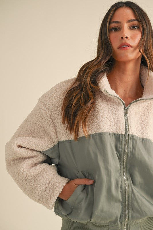 Sherpa Contrast Zip Up Bomber Jacket