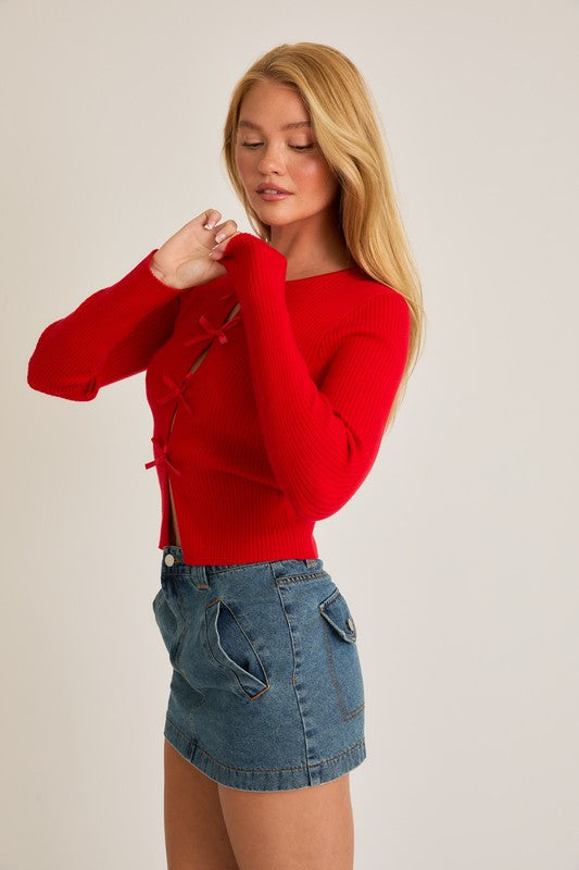 PREORDER - Satin Bow Long Sleeve Sweater Top