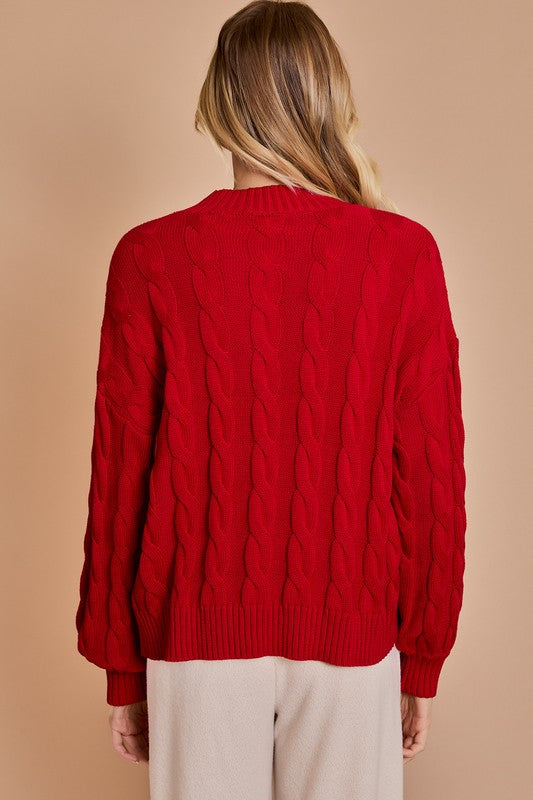 'Falalalala' Mock Neck Pullover Cable Knit Christmas Sweater