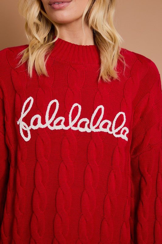 'Falalalala' Mock Neck Pullover Cable Knit Christmas Sweater