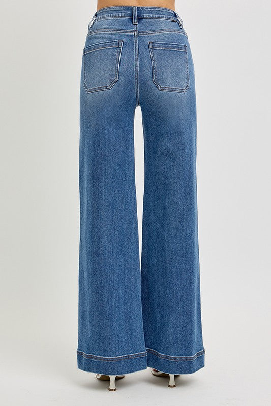 Denim High Rise Front Pintuck Wide Leg Jeans