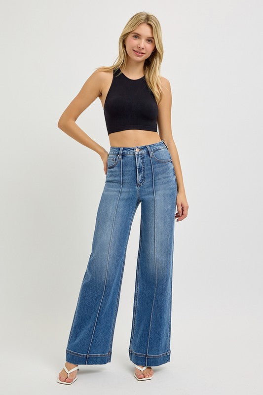 Denim High Rise Front Pintuck Wide Leg Jeans