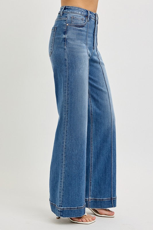 Denim High Rise Front Pintuck Wide Leg Jeans