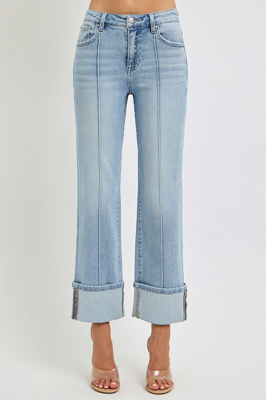 Light Denim High Rise Straight Leg Wide Cuffed Jeans