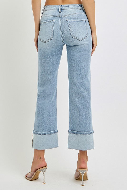 Light Denim High Rise Straight Leg Wide Cuffed Jeans