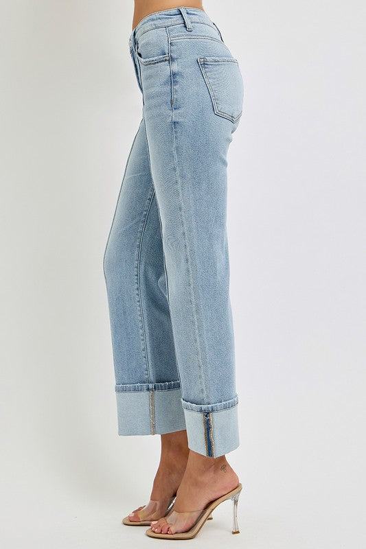 Light Denim High Rise Straight Leg Wide Cuffed Jeans