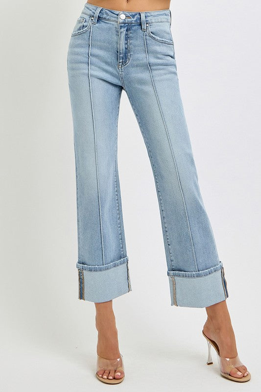 Light Denim High Rise Straight Leg Wide Cuffed Jeans