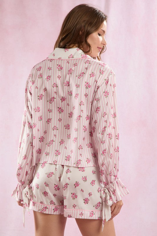 Soft Girl Era Floral Striped Satin Pajama Top