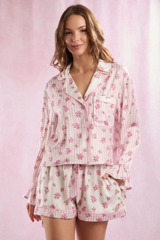 Soft Girl Era Floral Striped Satin Pajama Top