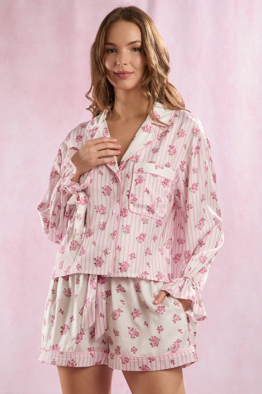 Soft Girl Era Floral Striped Satin Pajama Top