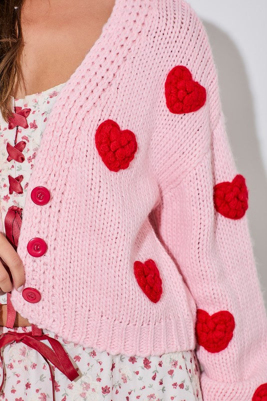 Bubble Heart Button Knit Cardigan Sweater