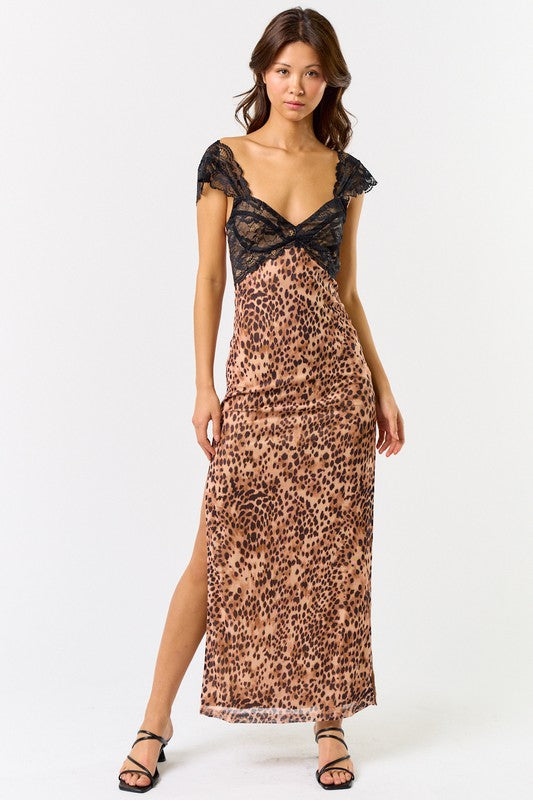 Leopard & Lace Side Slit Maxi Dress - Final Sale