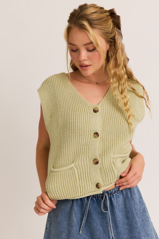 PREORDER - Serena Woven Button Down Pocketed Sweater Vest