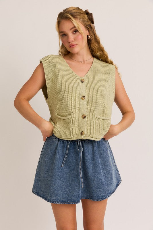 PREORDER - Serena Woven Button Down Pocketed Sweater Vest