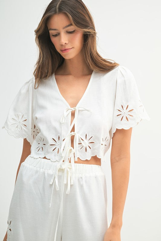 Emmie Floral Eyelet Front Tie Top