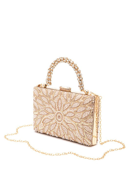 Pearl Studded Rhinestone Handle Flower Box Clutch