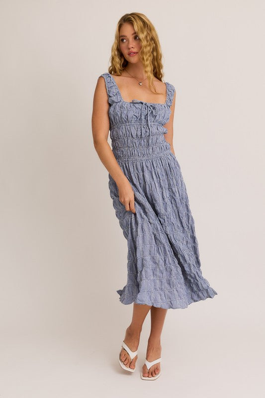 PPREORDER - Gingham Square Neck Smocked Midi Dress