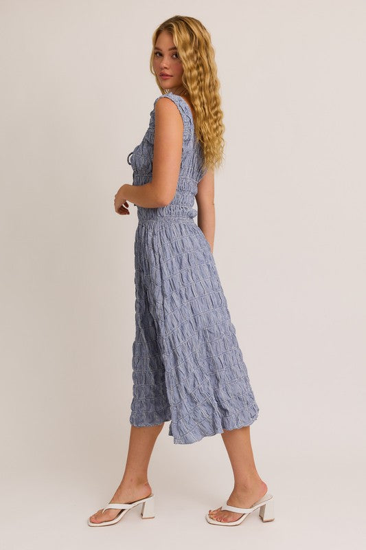 PPREORDER - Gingham Square Neck Smocked Midi Dress